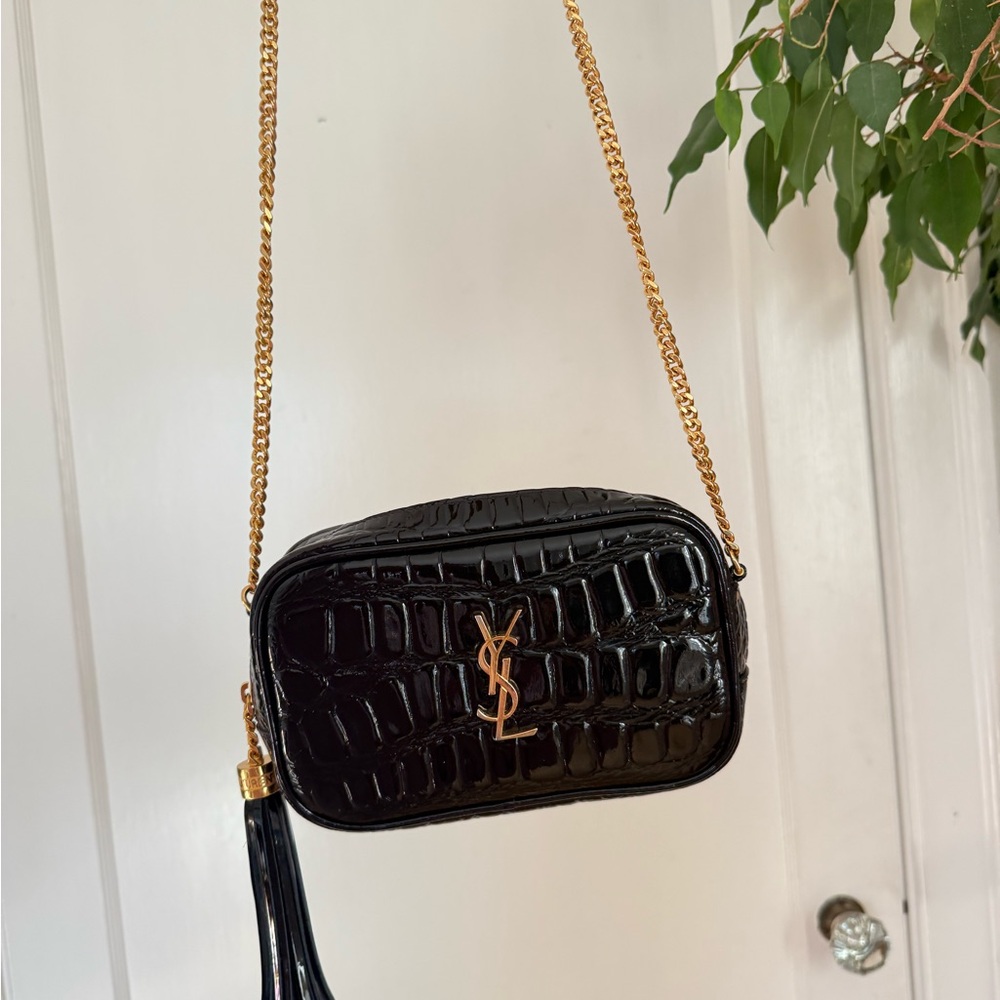 Yves Saint Laurent Black Croc Embossed Mini Lou Camera Bag - Picture 2 of 7